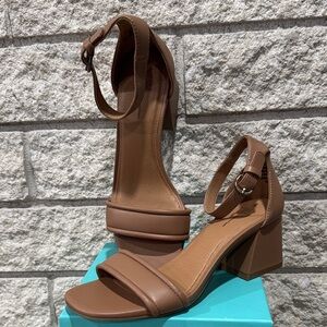 Chunky Tan Ankle Strap Heels